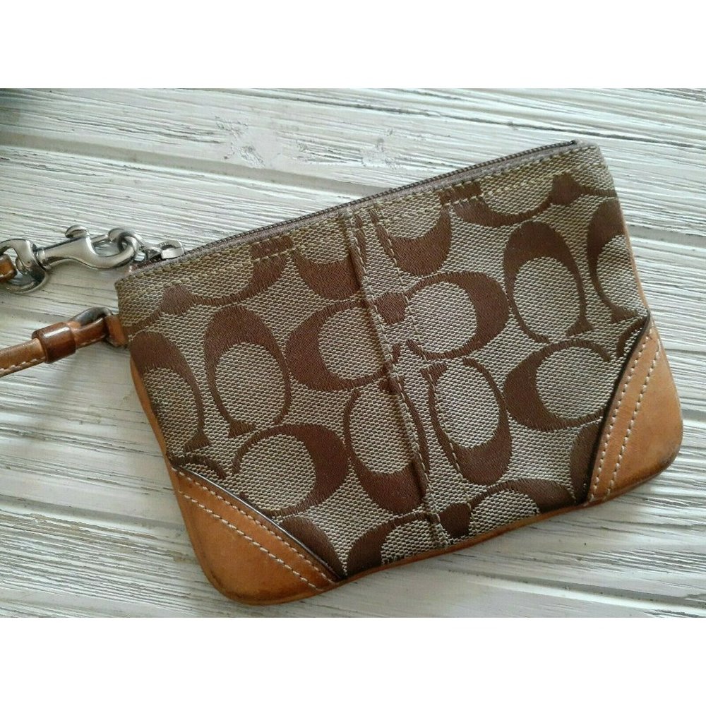 Vintage Y2K Coach Brown Canvas Monogram Signature C Leather Wristlet Wallet